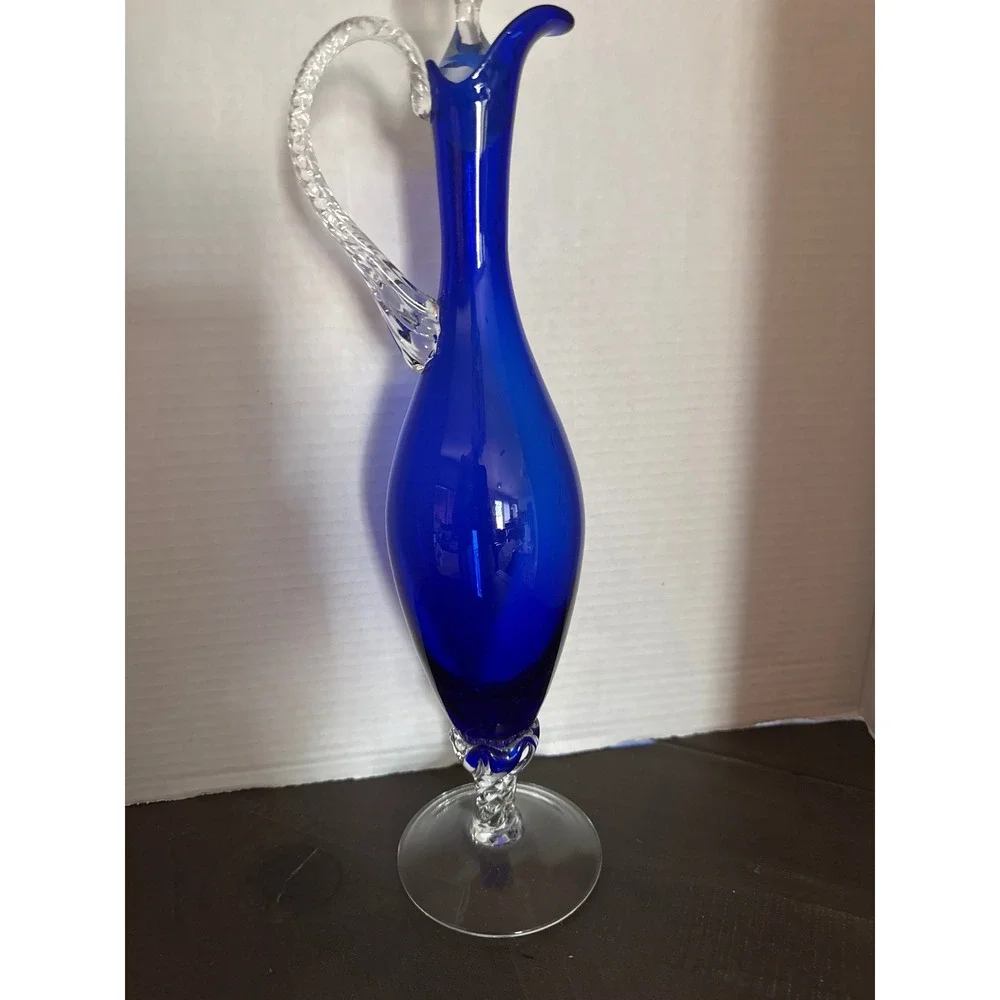 Vintage Cobalt Blue Hand Blown Glass Decanter with Clear Flame Stopper 17 inch